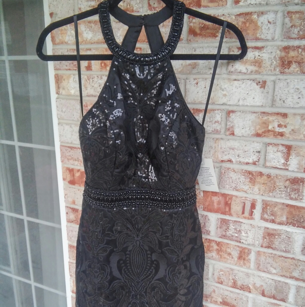 Morrel Maxie Black Sequin Halter Size 4 Dress